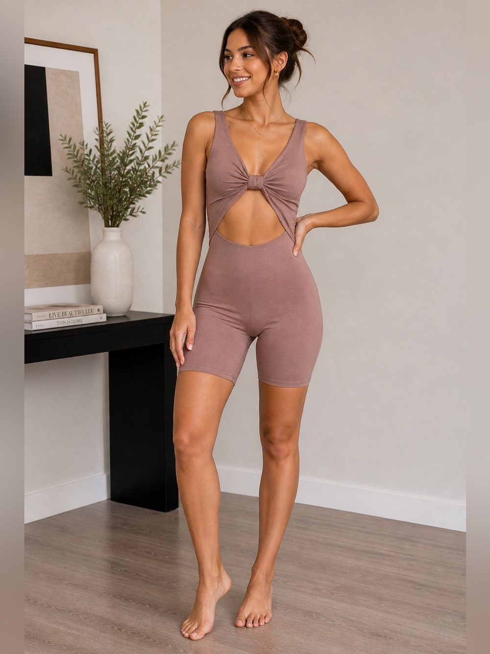 NEW Naked Wardrobe “Love U Knot” Cutout Romper in Light Brown Size Small